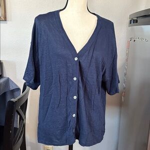 H by Halston 100% Linen Cardigan Navy Blue Buttons Short Sleeve V Neck Sz L